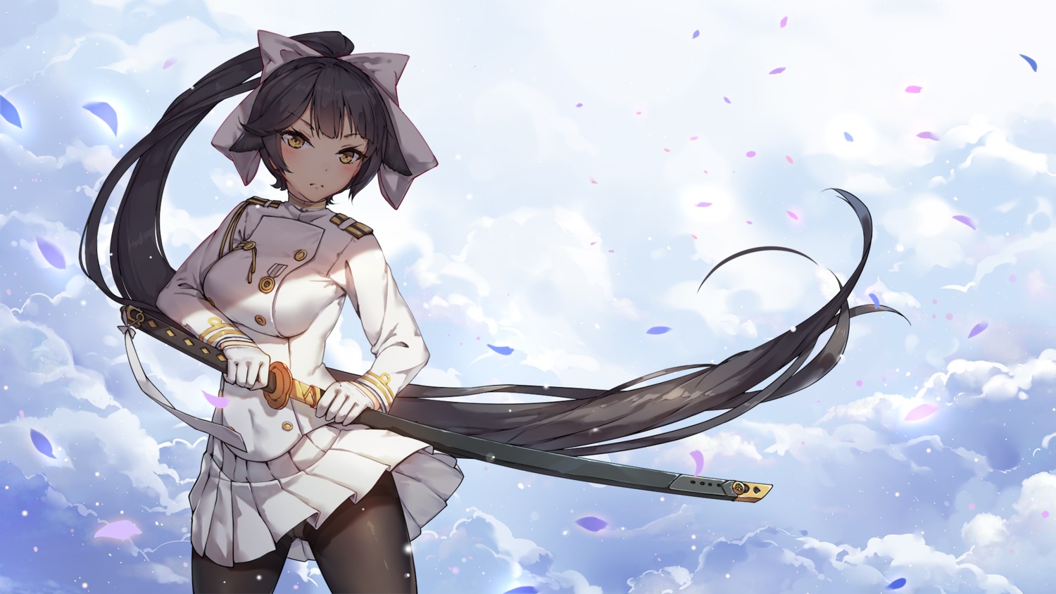 azur_lane dsknight pantsu pantyhose see_through skirt_lift sword takao_(azur_lane) uniform