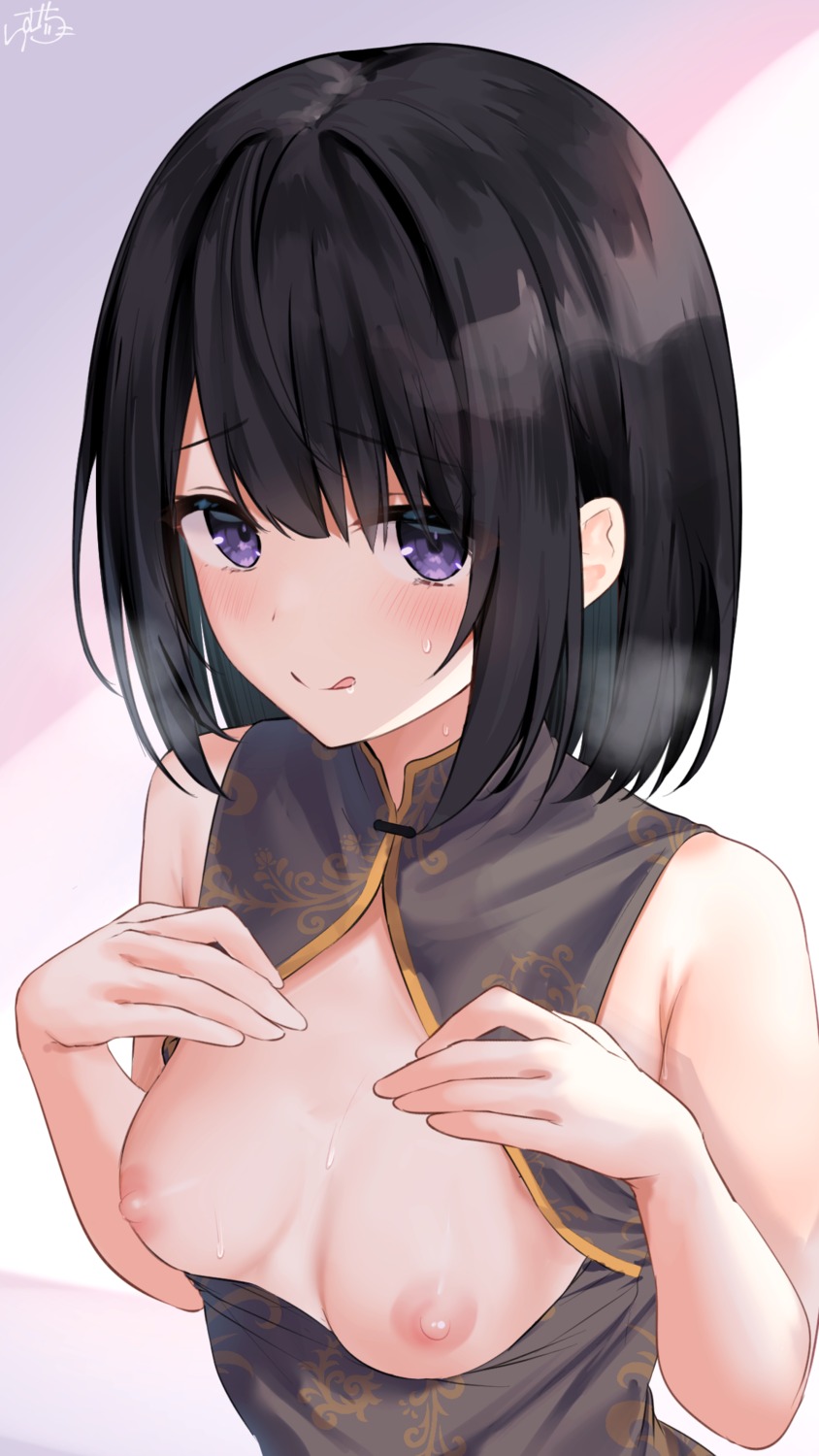 asian_clothes breasts kurokami-chan_(ramchi) nipples no_bra open_shirt ramchi