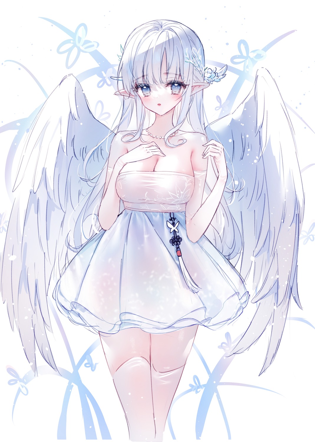 asian_clothes cleavage no_bra pointy_ears see_through sketch tandohark thighhighs wings