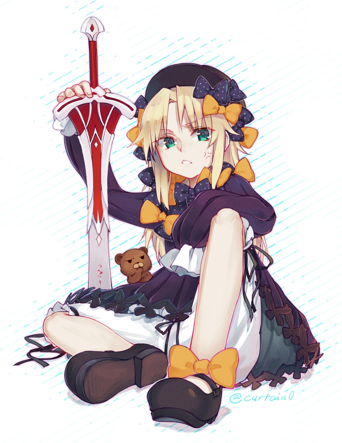 abigail_williams_(fate) bloomers cosplay curtain dress fate/grand_order mordred_(fate) orion_(fate/grand_order) sword