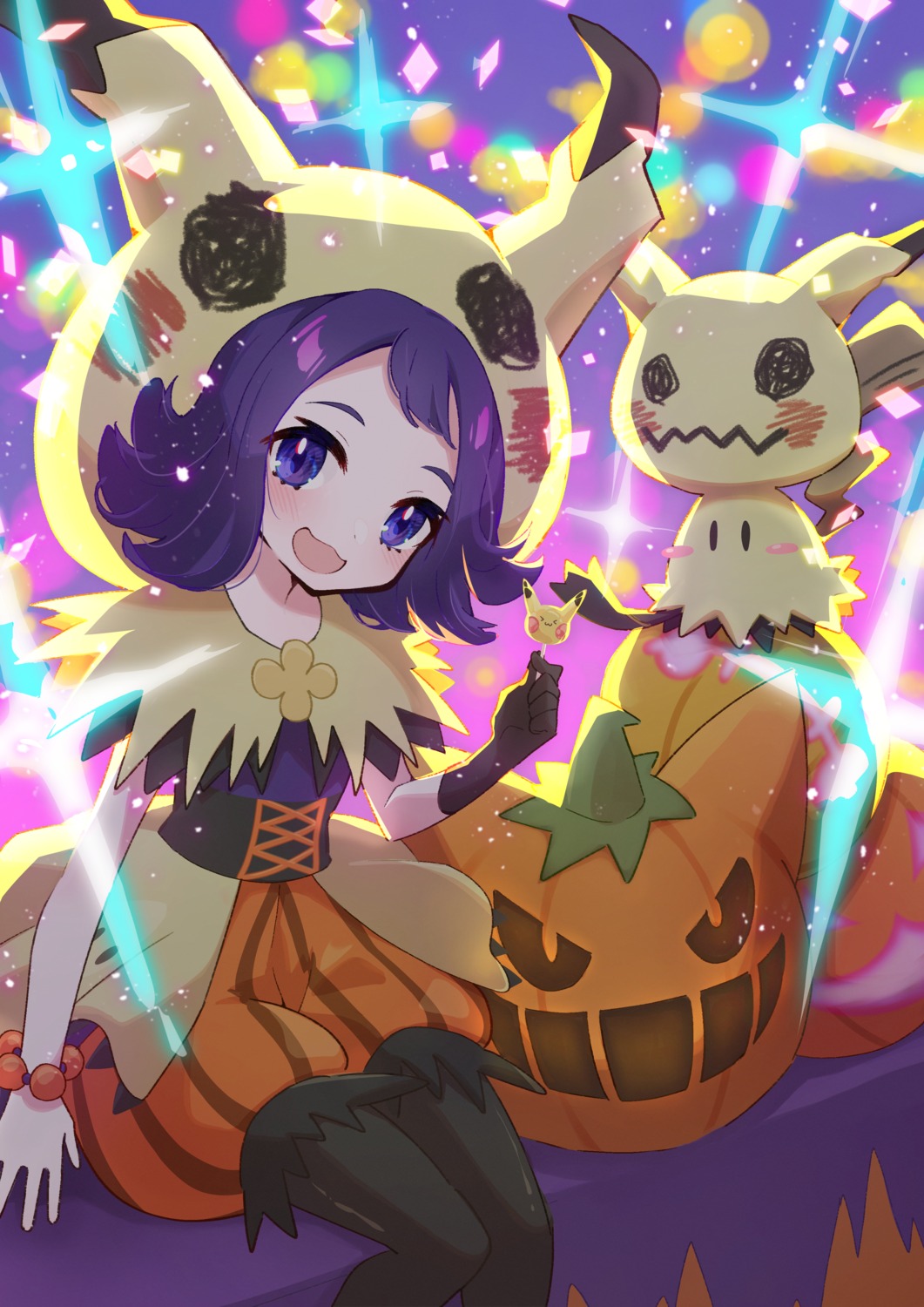 acerola_(pokemon) bloomers cosplay dress fishnets halloween kazuhiro_(user_aprk8784) mimikyu pikachu pokemon pokemon_sm pokemon_usum thighhighs