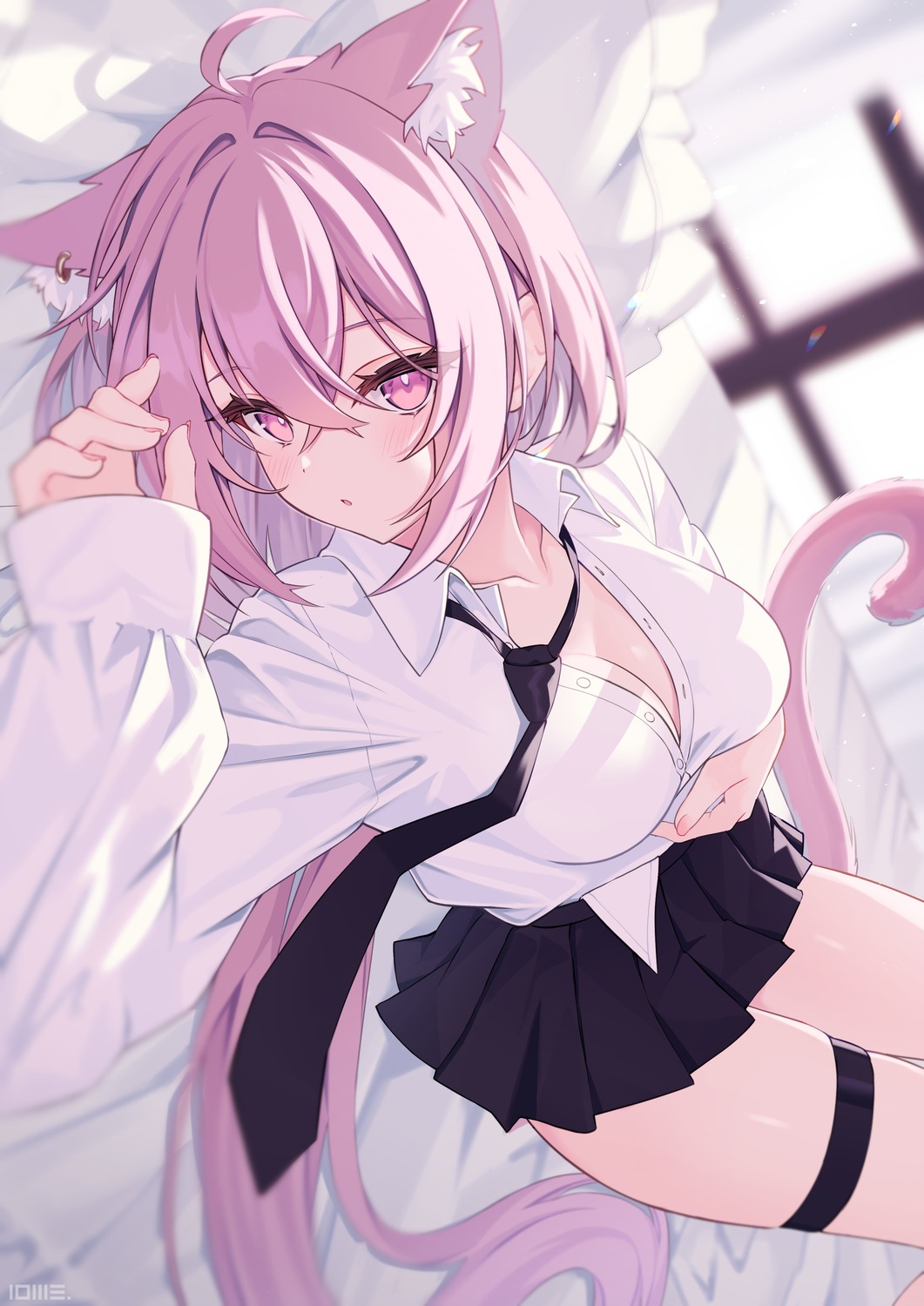 animal_ears cleavage garter lows. nekomimi open_shirt seifuku tail