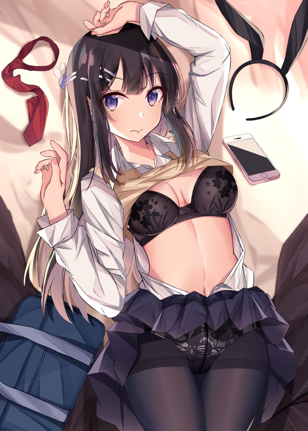 bra cleavage norazura open_shirt pantsu pantyhose sakurajima_mai seifuku seishun_buta_yarou shirt_lift skirt_lift sweater