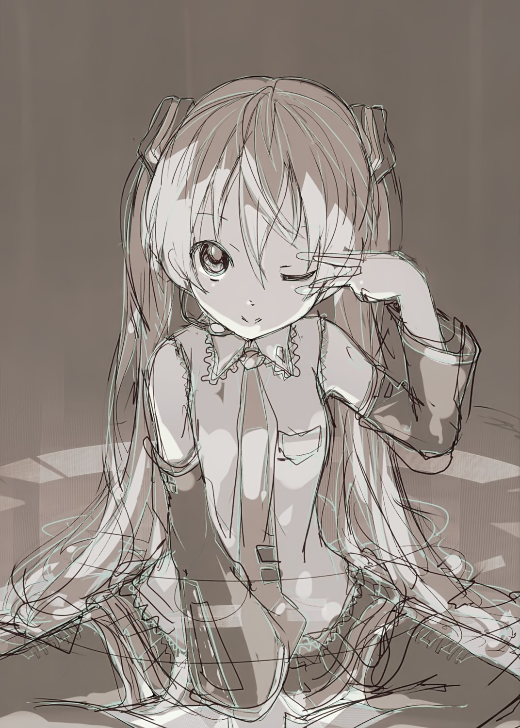 hatsune_miku milky_been! monochrome ogipote sketch tattoo thighhighs vocaloid