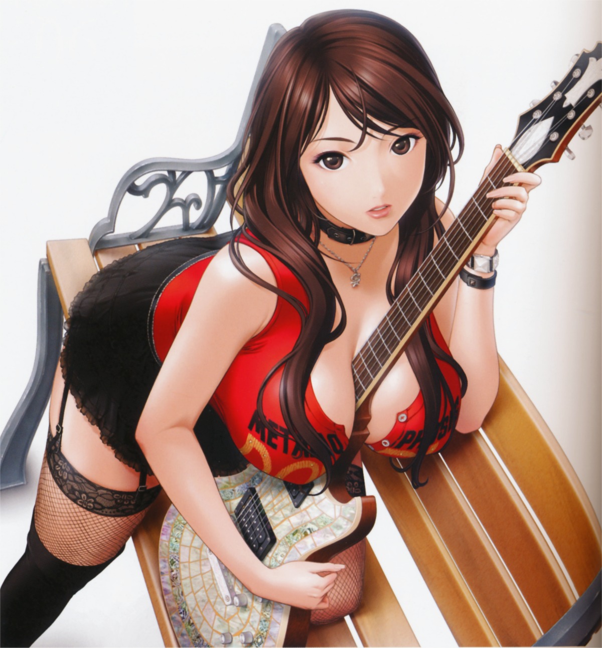 cleavage fishnets garter guitar sano_toshihide stockings thighhighs