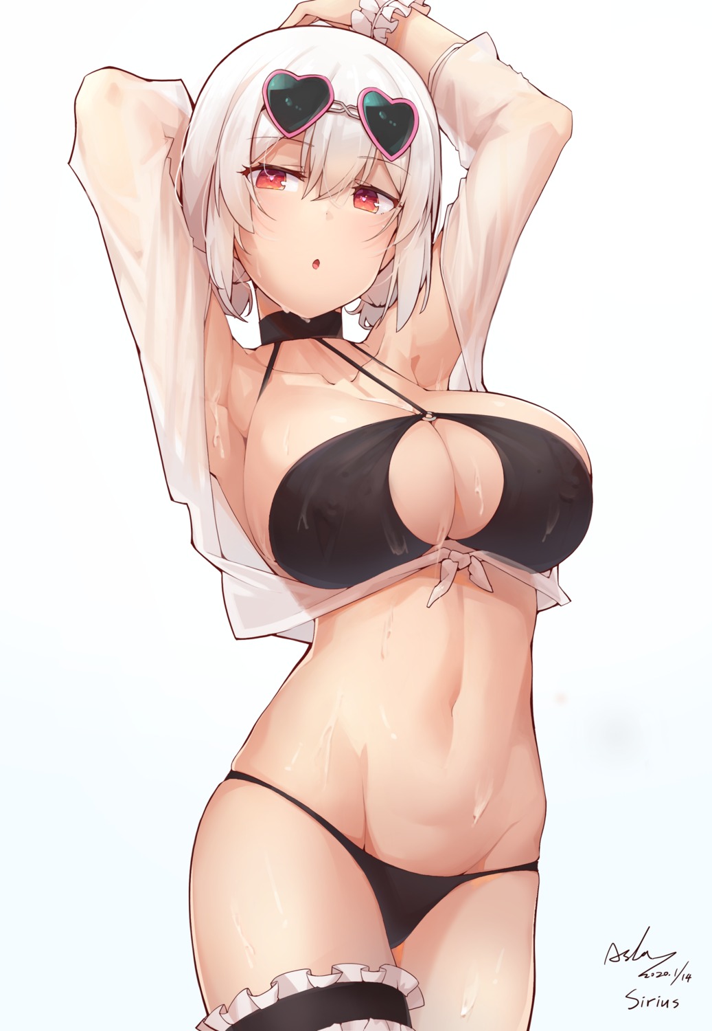 asla_yu azur_lane bikini garter megane open_shirt see_through sirius_(azur_lane) swimsuits wet