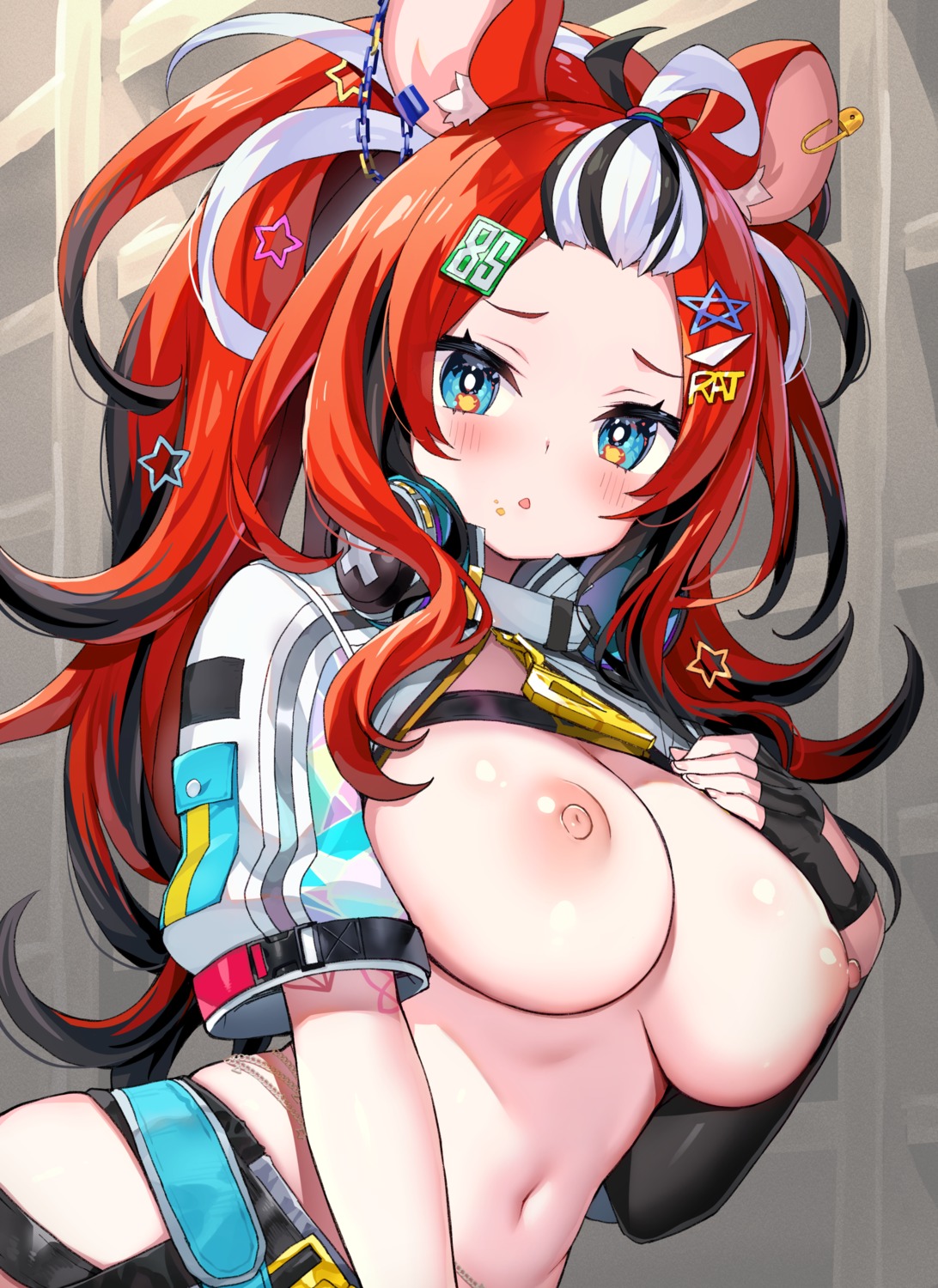 animal_ears ayaoshiro breasts hakos_baelz hololive hololive_english nipples no_bra open_shirt