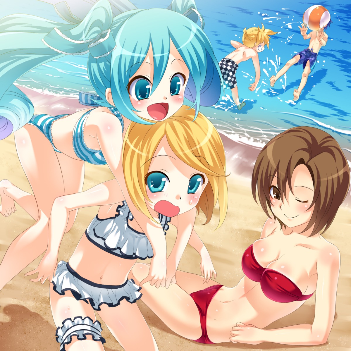 bikini cleavage garter hatsune_miku hisasi kagamine_len kagamine_rin kaito meiko swimsuits vocaloid