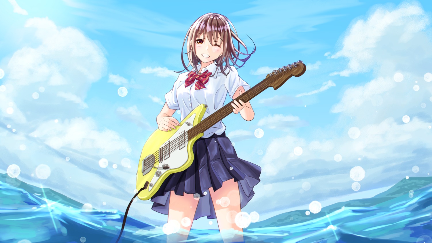 guitar seifuku tenryou_sena wallpaper wet