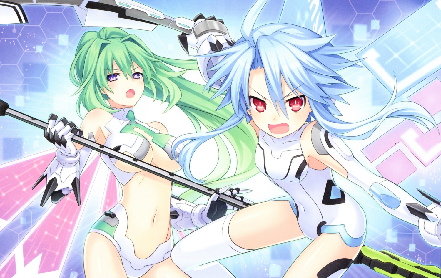 choujigen_game_neptune choujigen_game_neptune_re;birth_1 green_heart leotard no_bra scanning_artifacts thighhighs tsunako underboob weapon white_heart