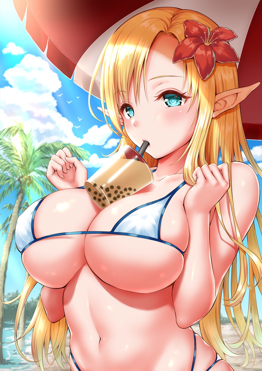 ayase-mio bikini breast_hold cleavage elf erect_nipples pointy_ears swimsuits underboob