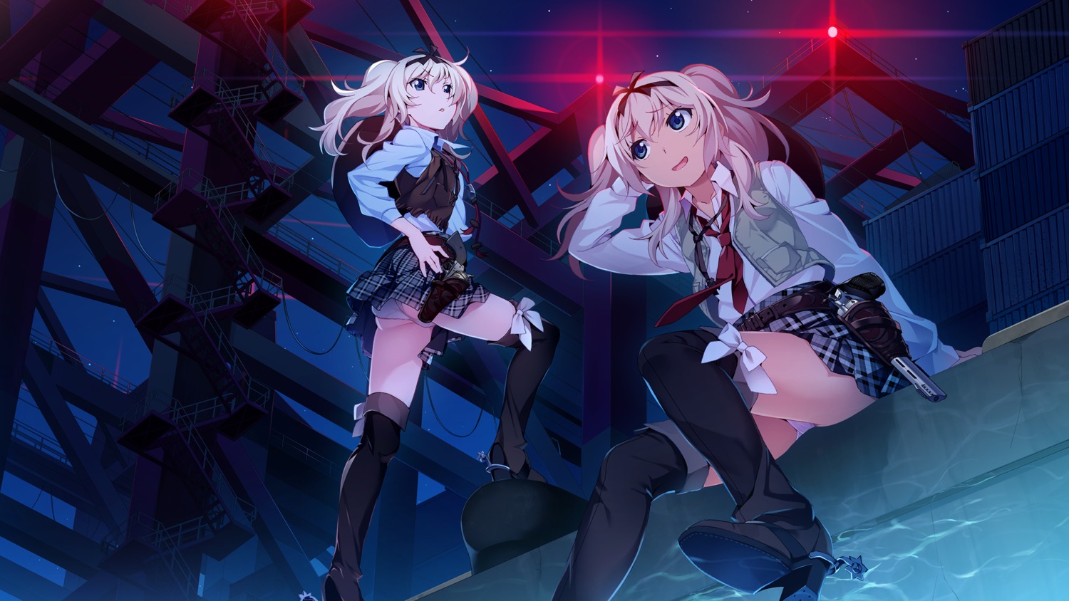 ass front_wing game_cg grisaia grisaia_phantom_trigger gun heels pantsu seifuku skirt_lift thighhighs watanabe_akio