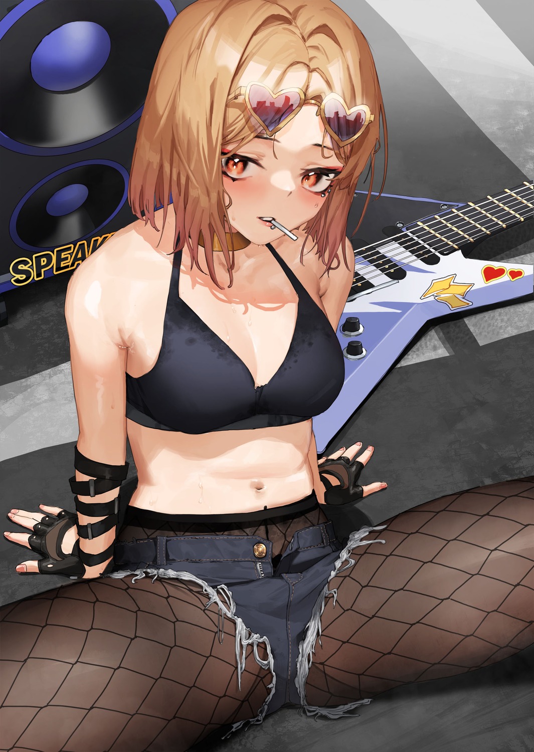 bra cleavage fishnets guitar megane pantyhose torn_clothes tunamayo_(dsasd751)