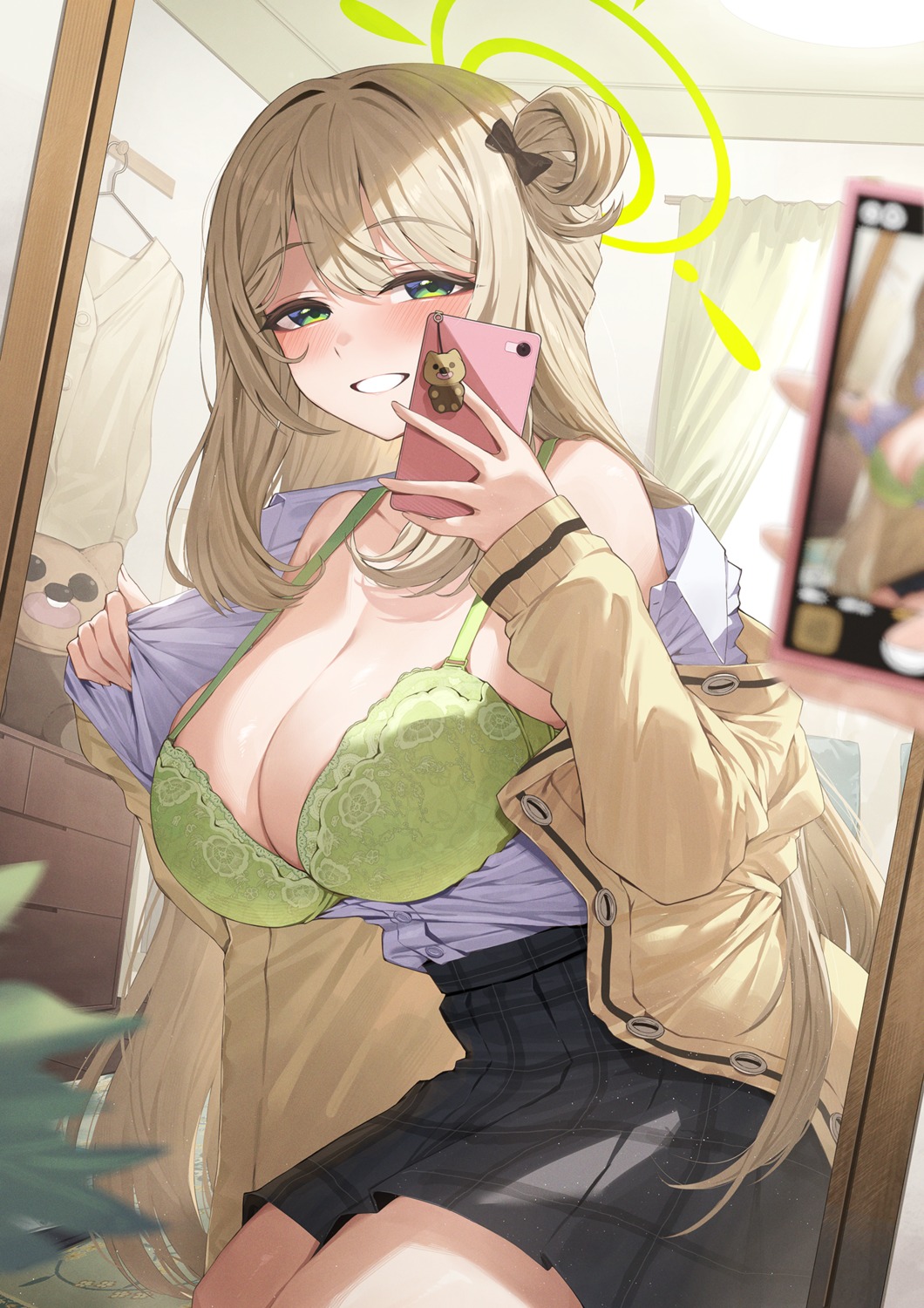 blue_archive bra halo izayoi_nonomi neshia_(tsaqif0309) open_shirt seifuku selfie sweater undressing