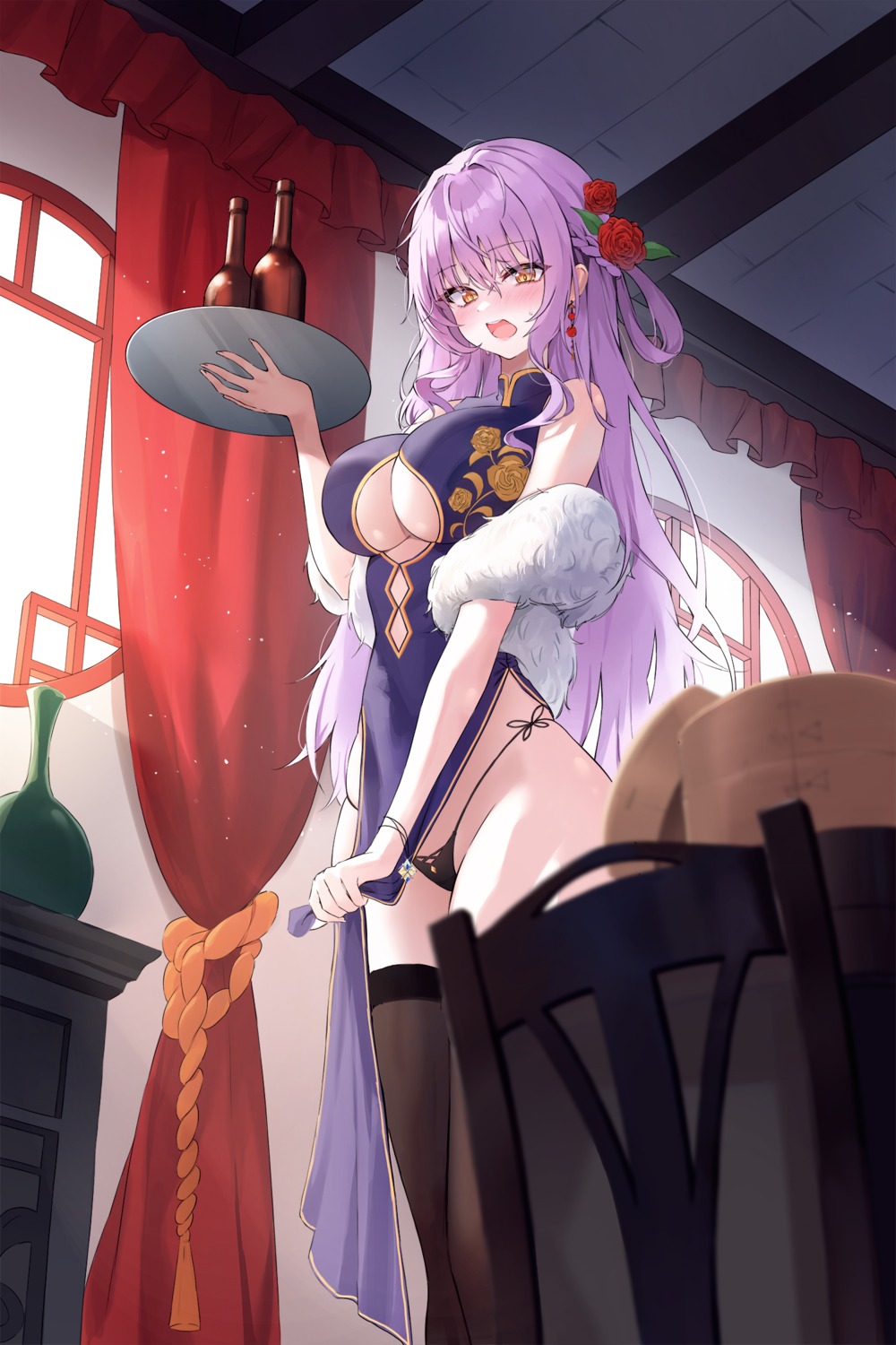 chinadress lkeris no_bra pantsu skirt_lift string_panties thighhighs thong waitress