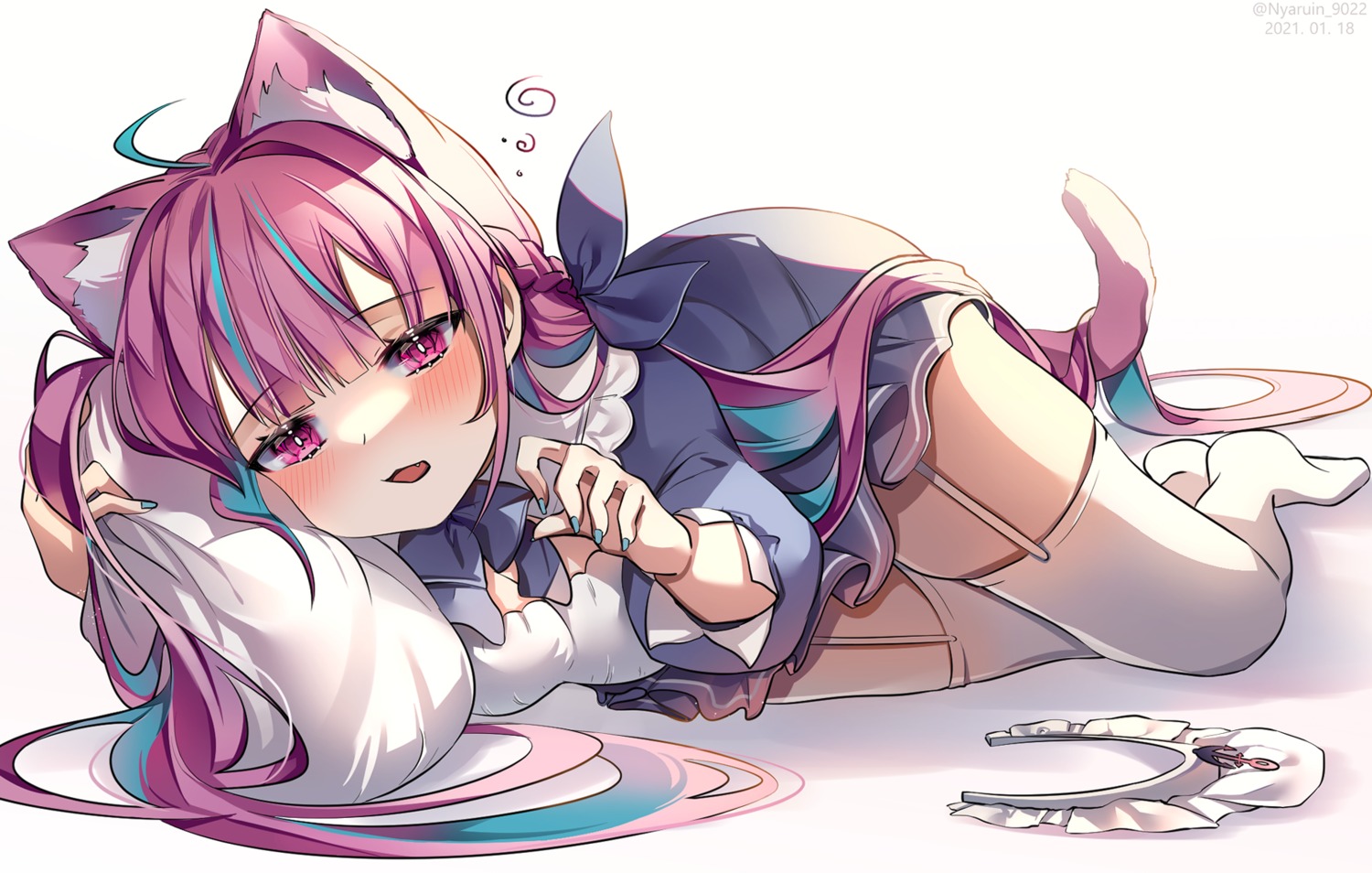 animal_ears hololive minato_aqua nekomimi nyaruin stockings tail thighhighs