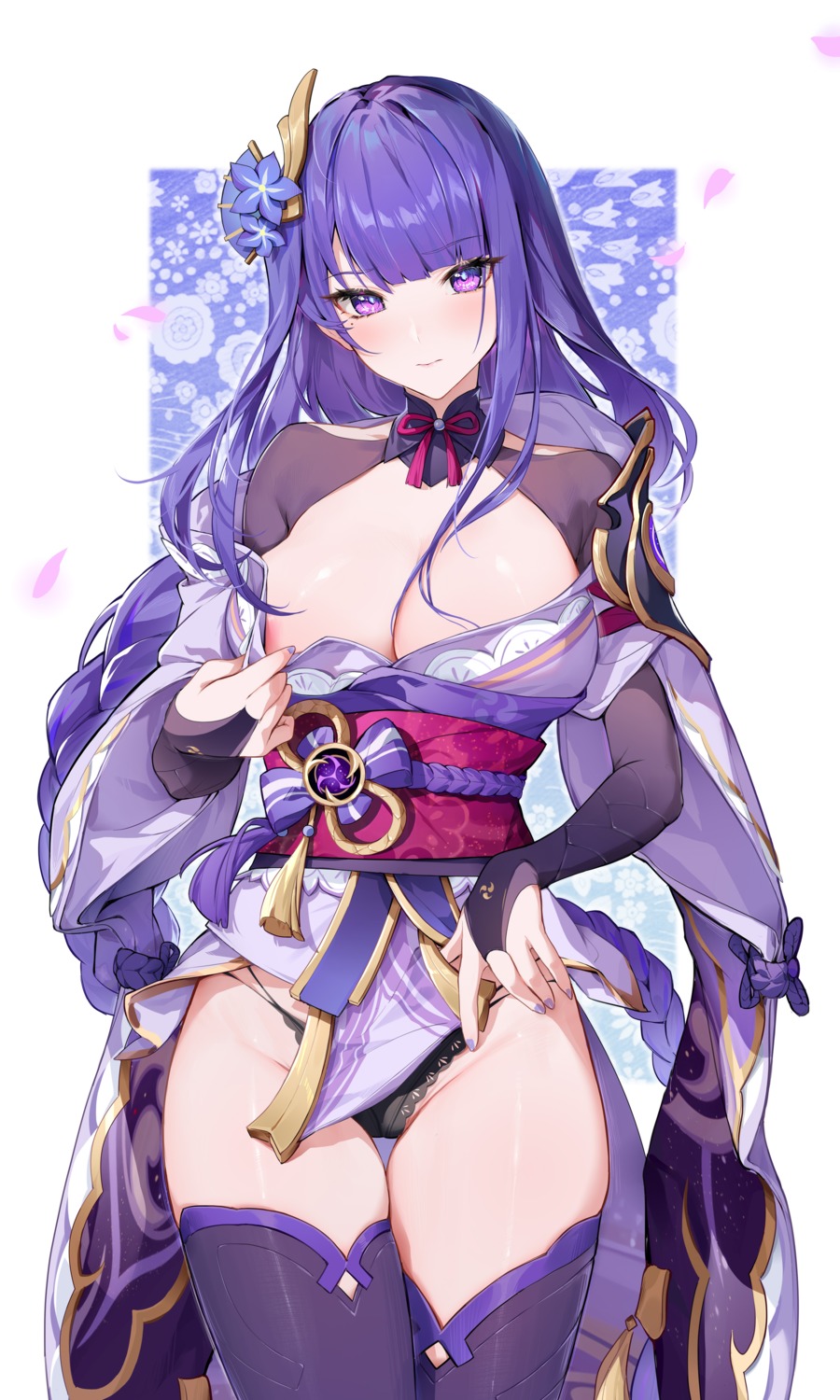 areola genshin_impact houkisei japanese_clothes no_bra open_shirt pantsu raiden_shogun thighhighs undressing