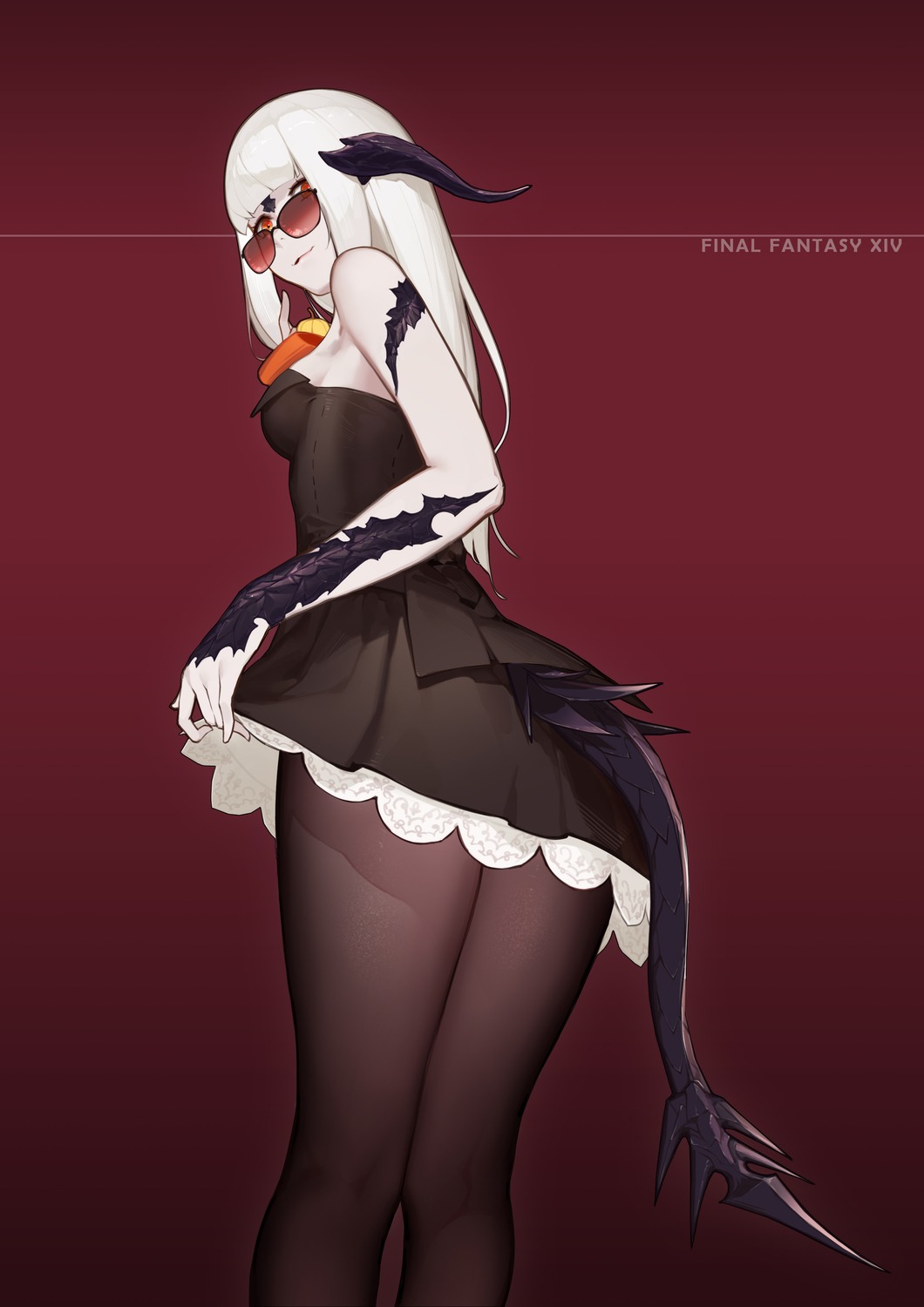 dress final_fantasy final_fantasy_xiv horns megane pantyhose pwd skirt_lift tail