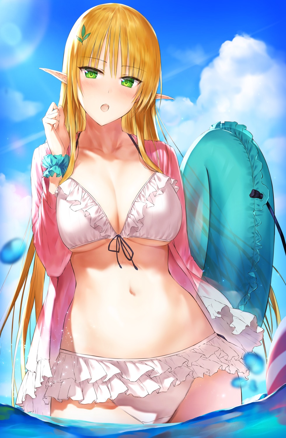 akitaka_akita bikini cleavage elf open_shirt pointy_ears swimsuits wet