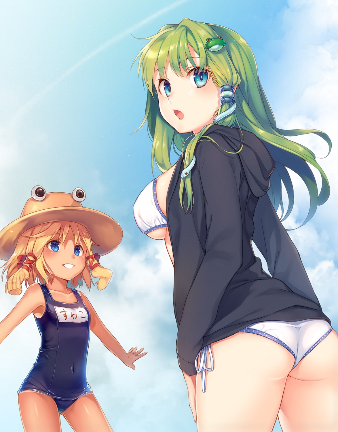 akayan ass bikini kochiya_sanae moriya_suwako open_shirt school_swimsuit swimsuits tan_lines touhou underboob