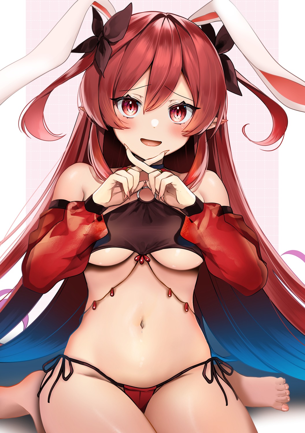 animal_ears bunny_ears pantsu pointy_ears thong underboob yunamaro