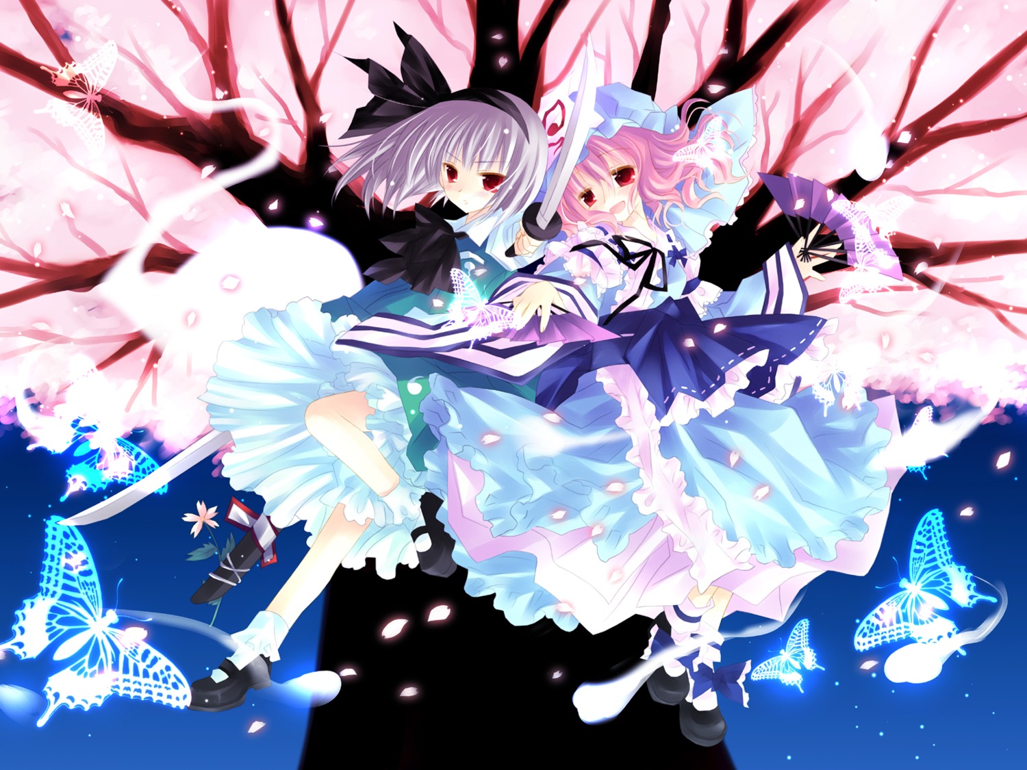 konpaku_youmu saigyouji_yuyuko sakurazawa_izumi touhou wallpaper