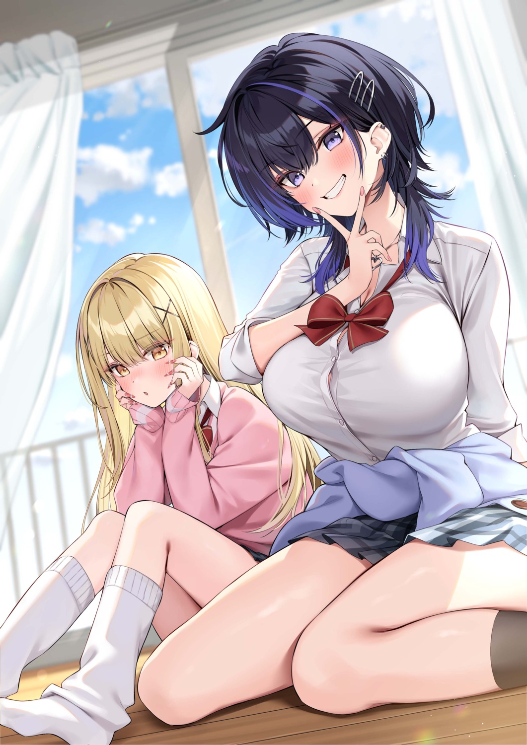 cleavage dekkai_gal_to_chicchai_gal_ga_shitsuren_shita_ore_no_shinkyo_ni_iribitatteiru open_shirt oryou seifuku skirt_lift sweater