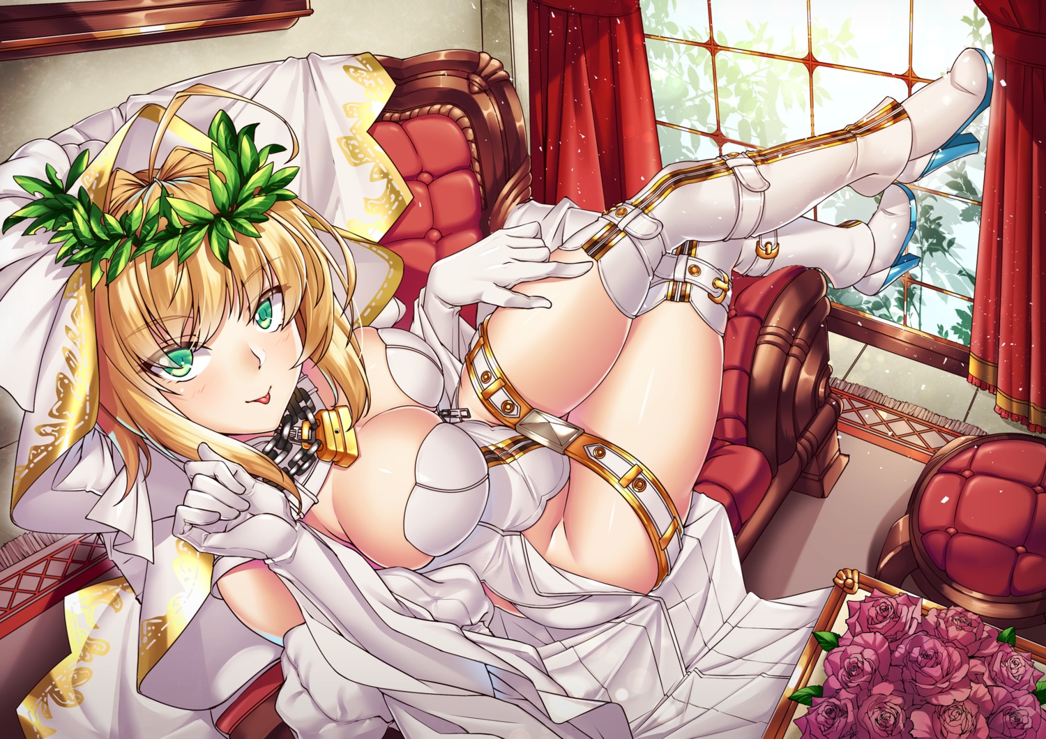 cleavage fate/extra fate/extra_ccc fate/grand_order fate/stay_night heels merufena saber_bride saber_extra thighhighs