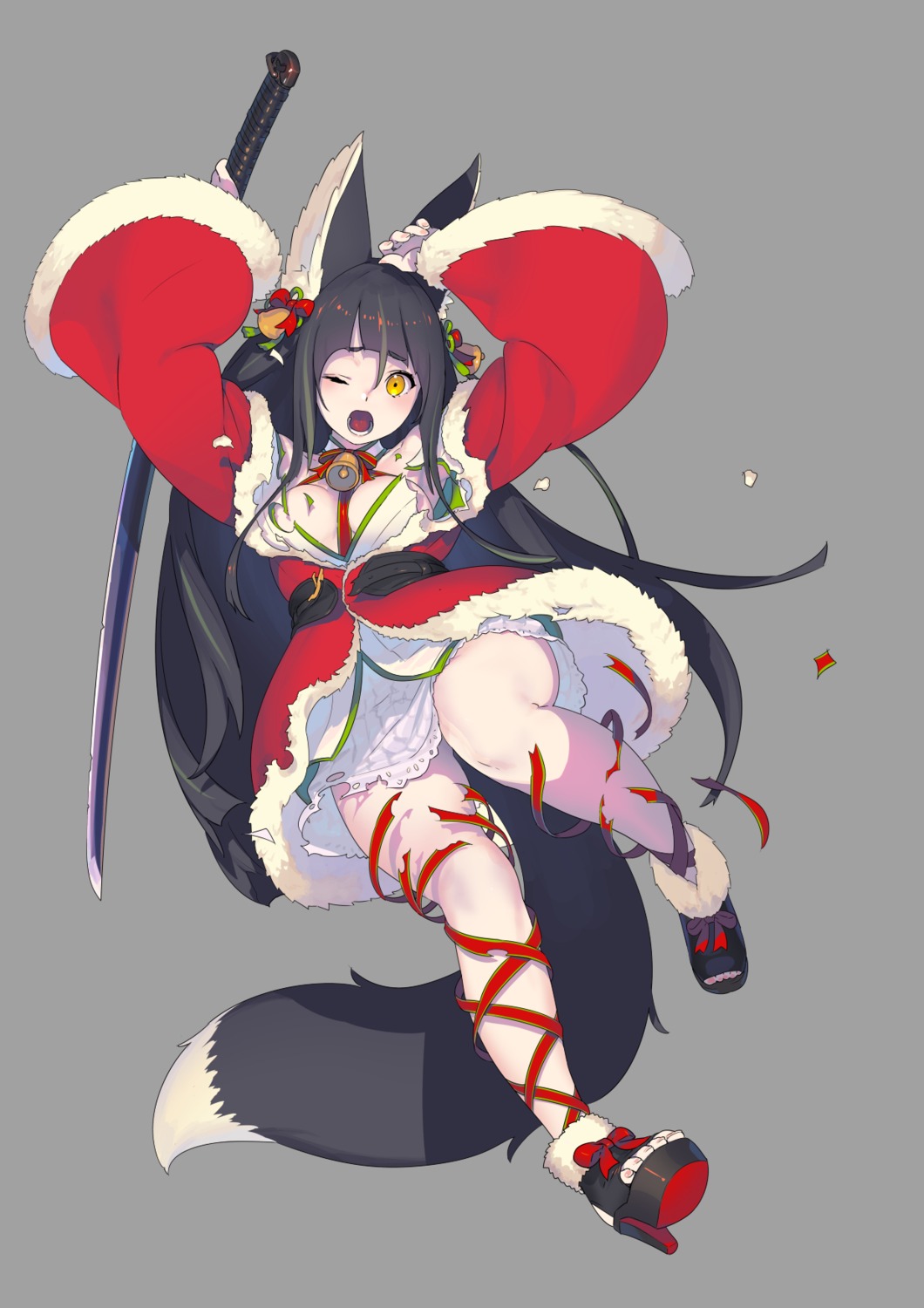 animal_ears christmas enkyo_yuuichirou heels kitsune kitsunegasaki_tametsugu no_bra open_shirt skirt_lift sword tail tenka_hyakken torn_clothes