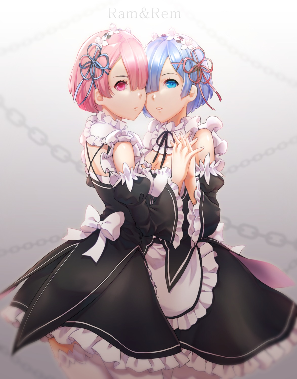 cleavage maid ram_(re_zero) re_zero_kara_hajimeru_isekai_seikatsu rem_(re_zero) symmetrical_docking thighhighs y.i._(lave2217)