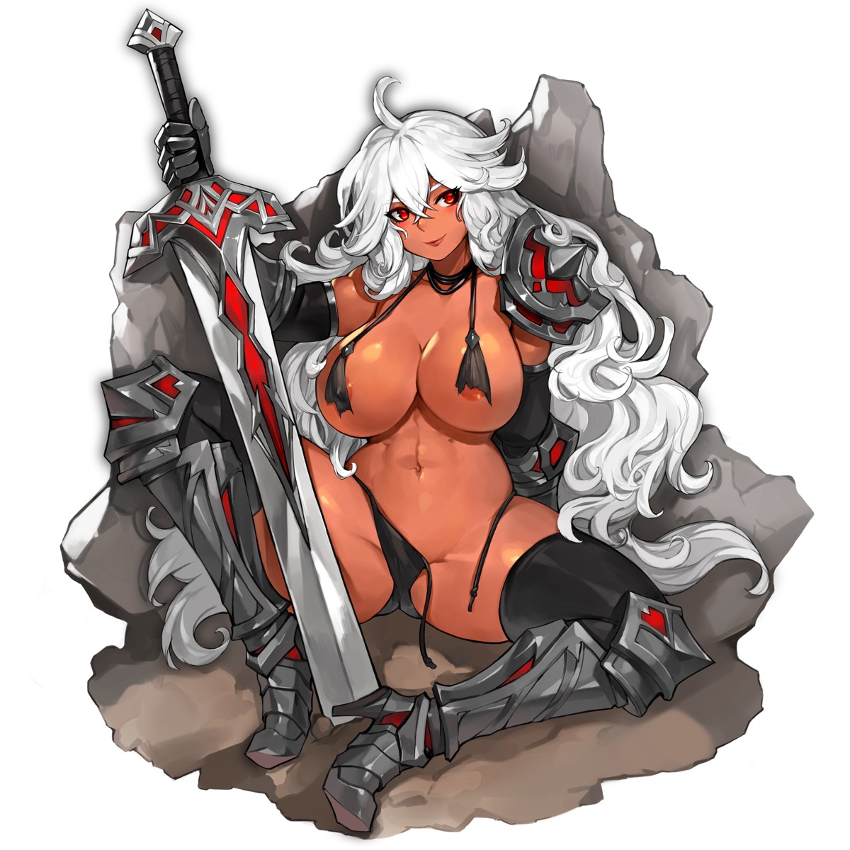 areola armor bikini erect_nipples gurimjang heels swimsuits sword thighhighs torn_clothes wardrobe_malfunction