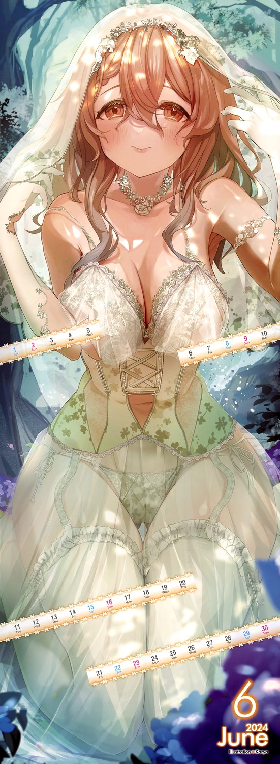 calendar censored dress karya- pantsu see_through stockings string_panties thighhighs wedding_dress