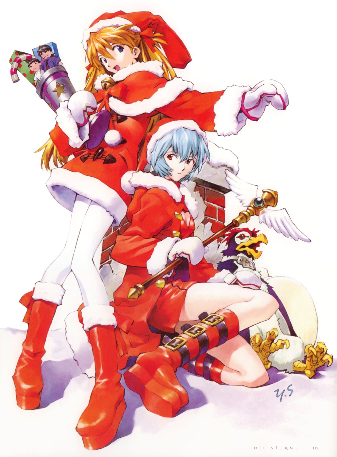 ayanami_rei christmas dress neon_genesis_evangelion pantyhose pen_pen penguin sadamoto_yoshiyuki souryuu_asuka_langley weapon