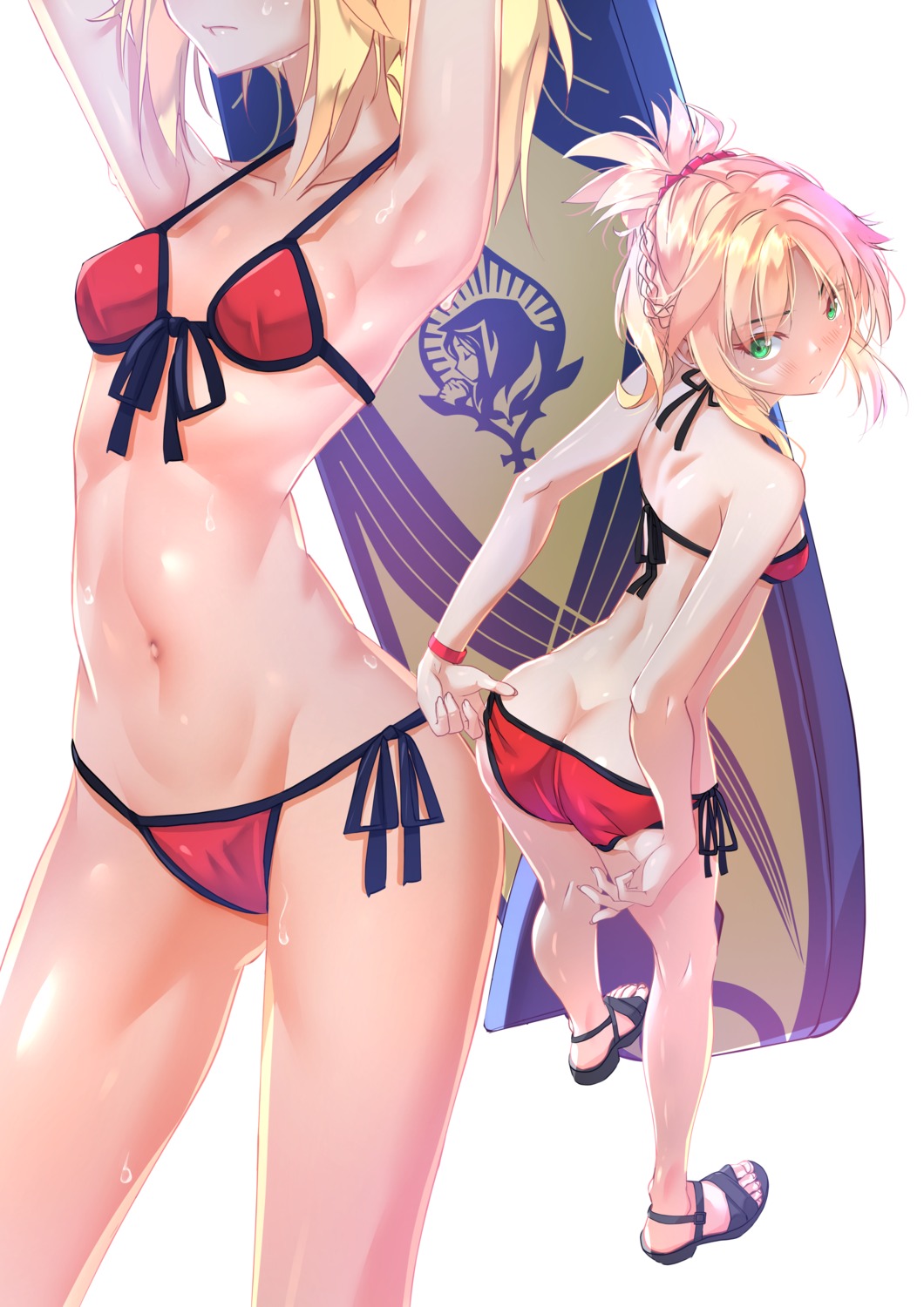 ass bikini fate/grand_order mordred_(fate) panty_pull swimsuits sydus undressing wet