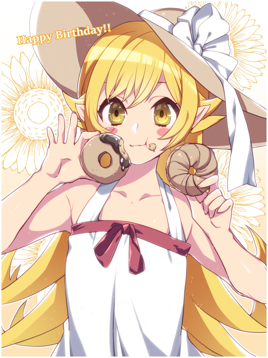 bakemonogatari cream dress monogatari_(series) oshino_shinobu pointy_ears summer_dress yutazou