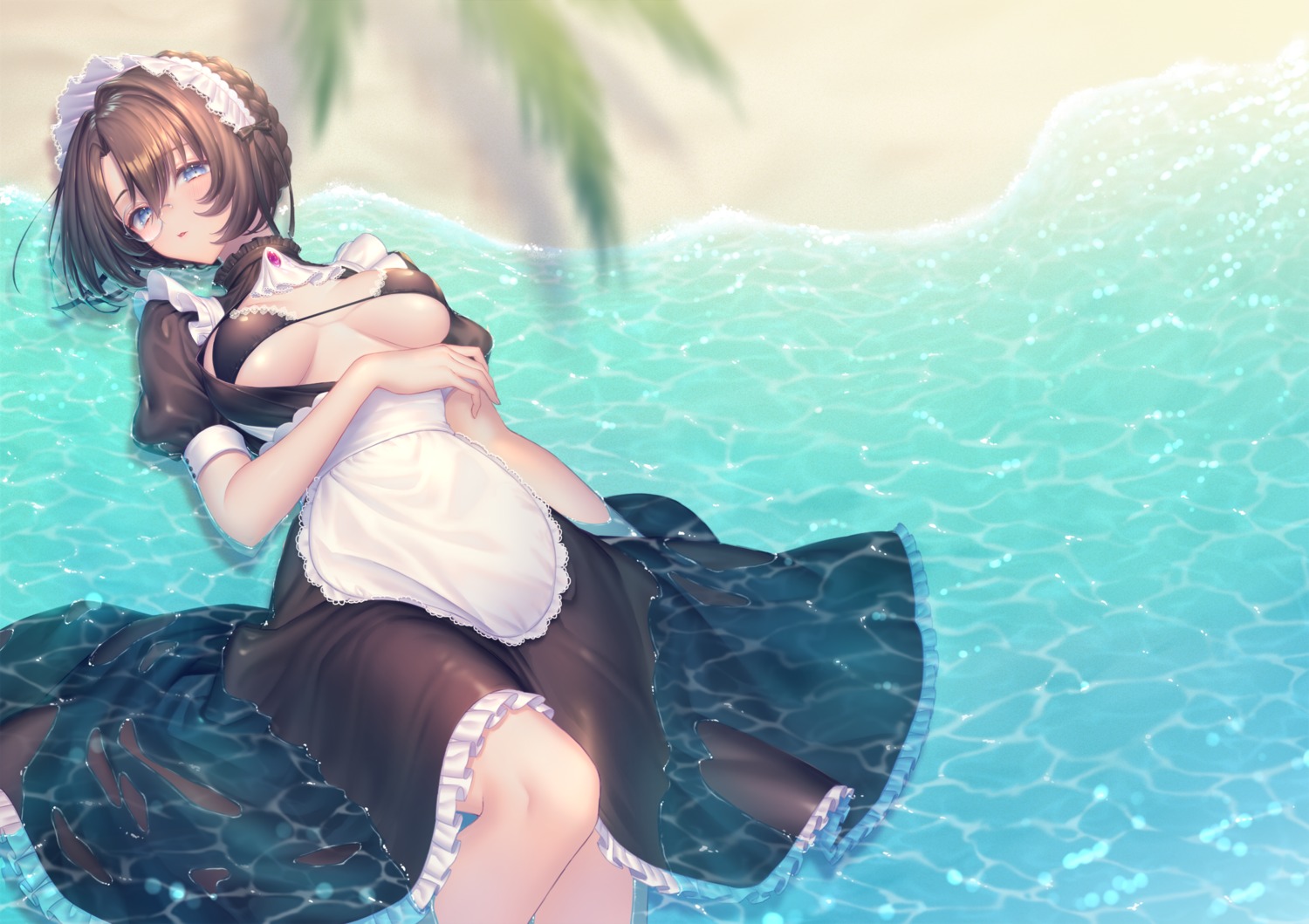 bikini_top maid megane open_shirt sakura_shiho skirt_lift swimsuits wet wet_clothes