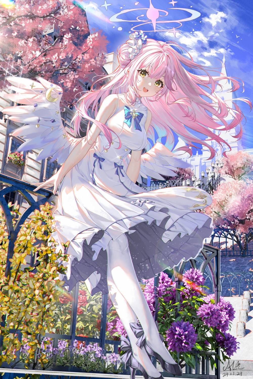 al_guang angel blue_archive dress heels misono_mika pantyhose skirt_lift wings