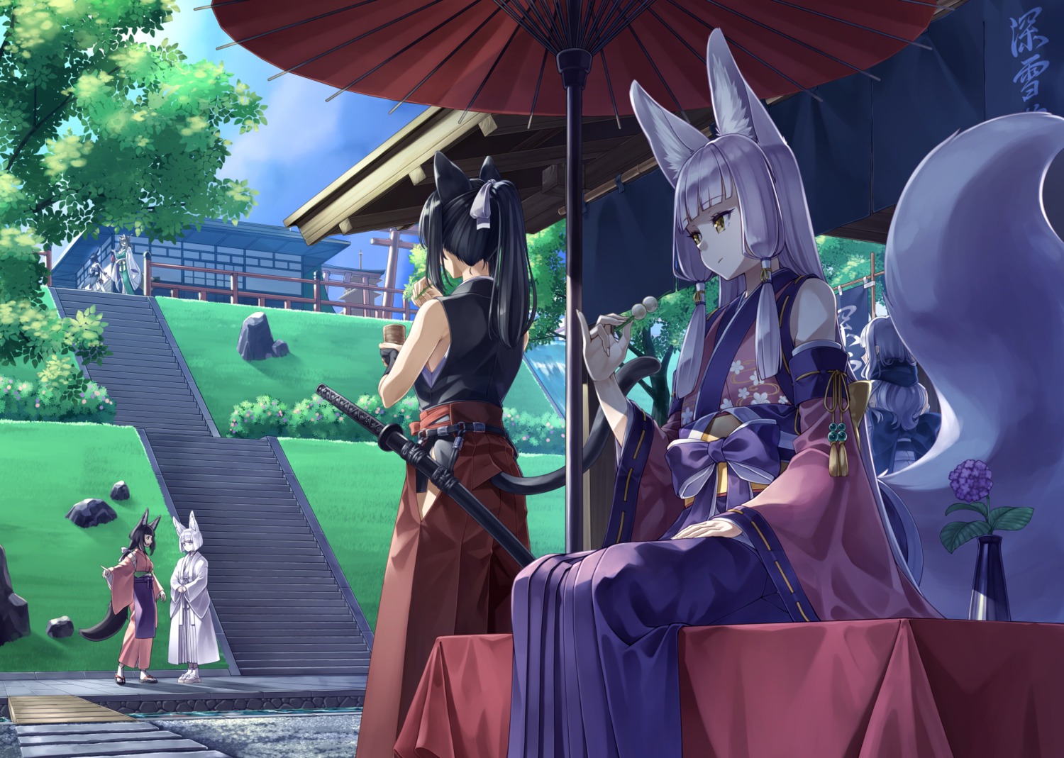 animal_ears japanese_clothes kitsune landscape nekomimi seihou sword tail