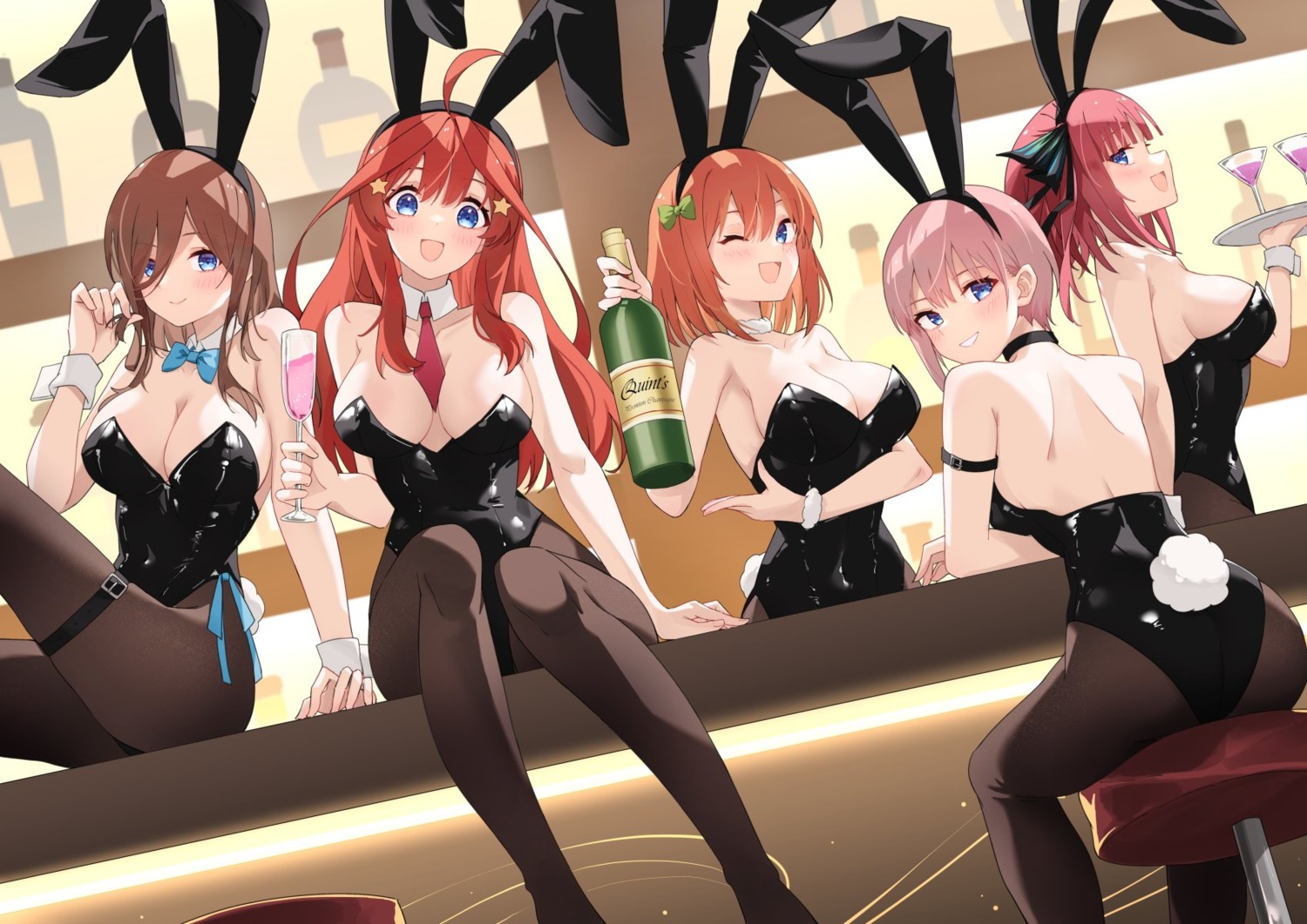 5-toubun_no_hanayome animal_ears ass bunny_ears bunny_girl garter nakano_ichika nakano_itsuki nakano_miku nakano_nino nakano_yotsuba no_bra pantyhose profnote tail waitress