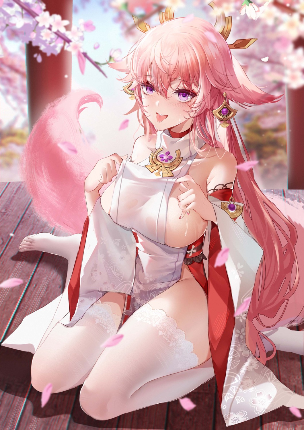 animal_ears genshin_impact japanese_clothes kitsune no_bra tail thighhighs xiongshouji yae_miko