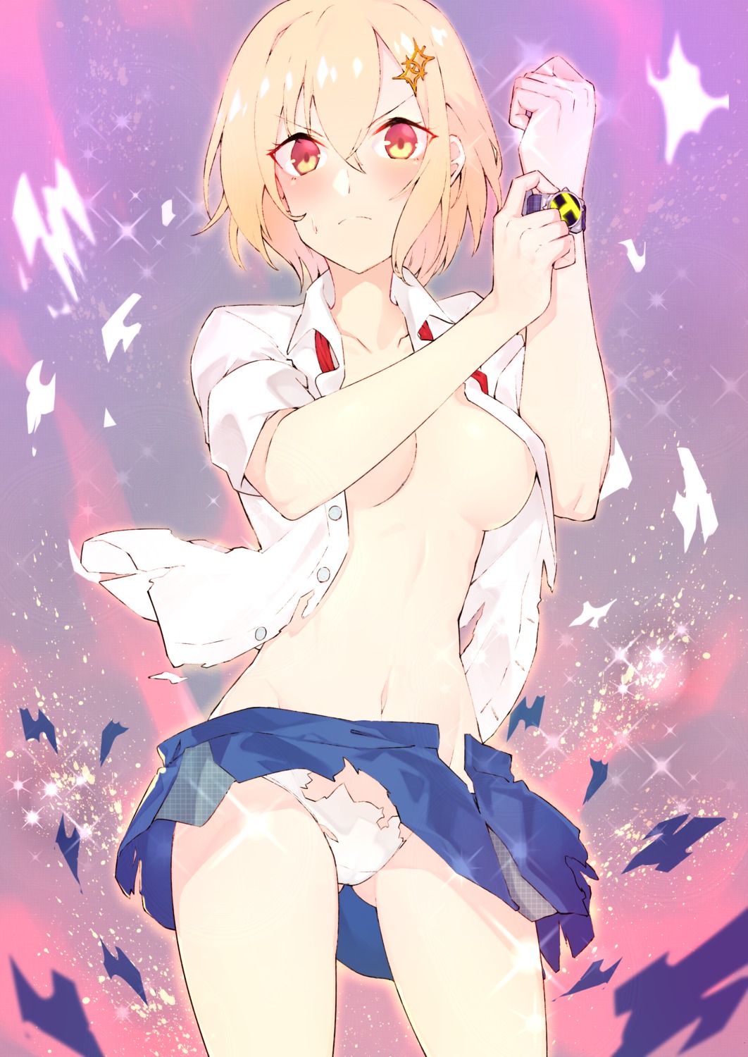 dokyuu_hentai_hxeros hachi105 hoshino_kirara no_bra open_shirt pantsu seifuku torn_clothes