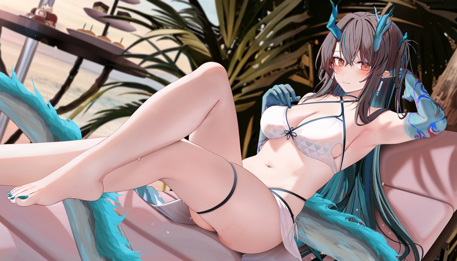 arknights bikini dusk_(arknights) feet garter horns pointy_ears ru_zhai swimsuits tail