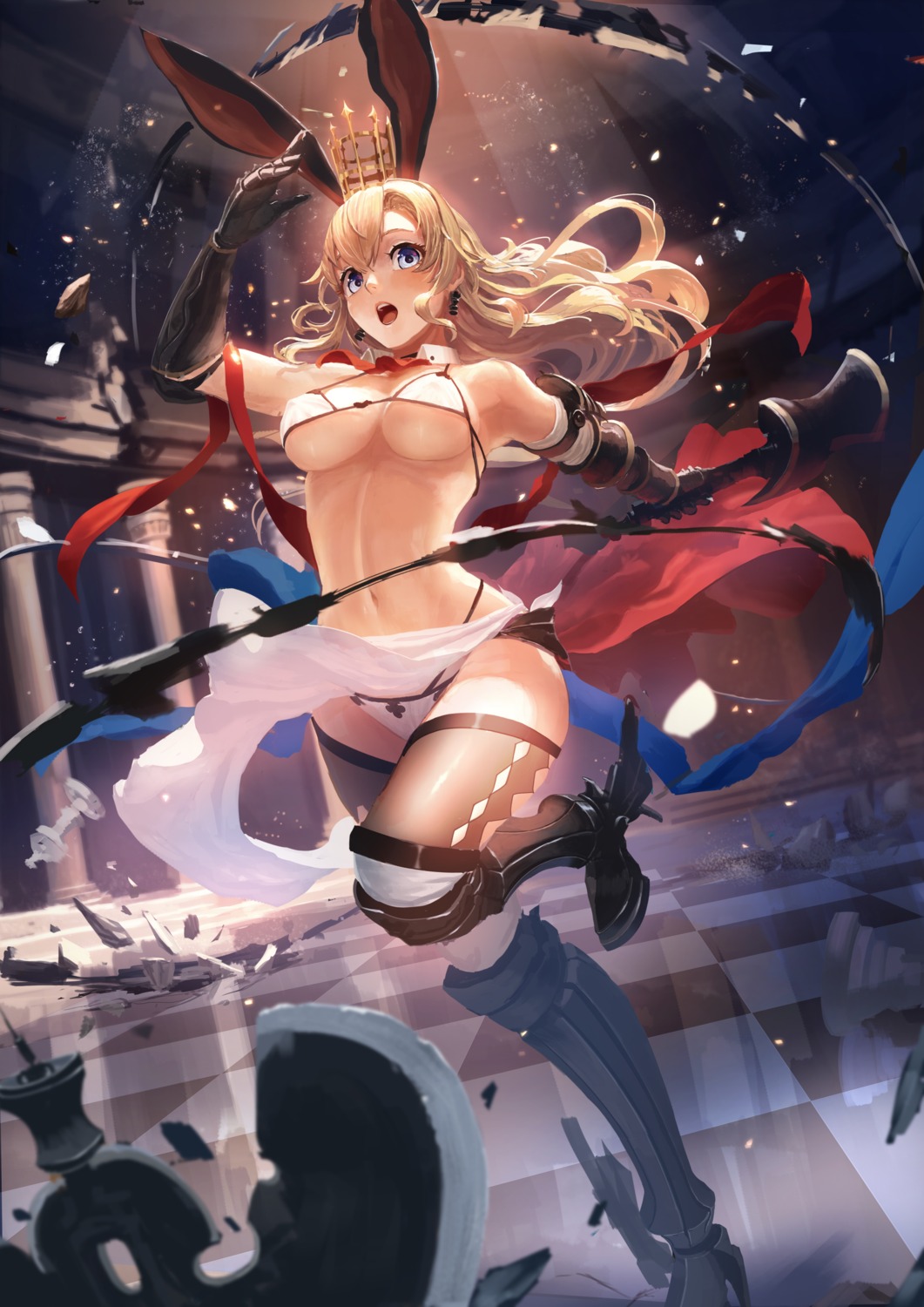 animal_ears armor bikini bunny_ears heels sabiirodoramu skirt_lift swimsuits thighhighs weapon