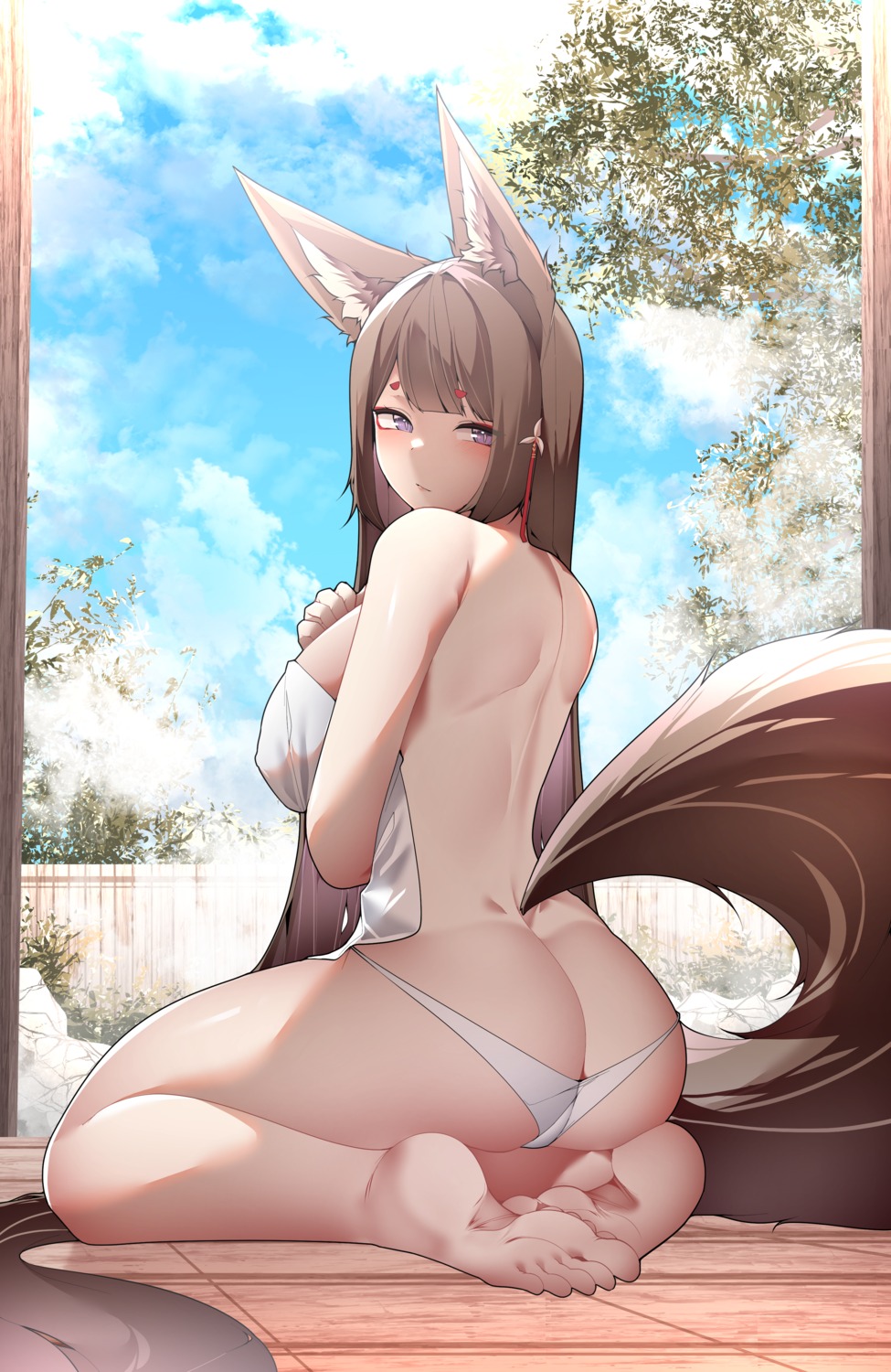 amagi_(azur_lane) animal_ears ass azur_lane feet kitsune pantsu samip tail thong topless towel