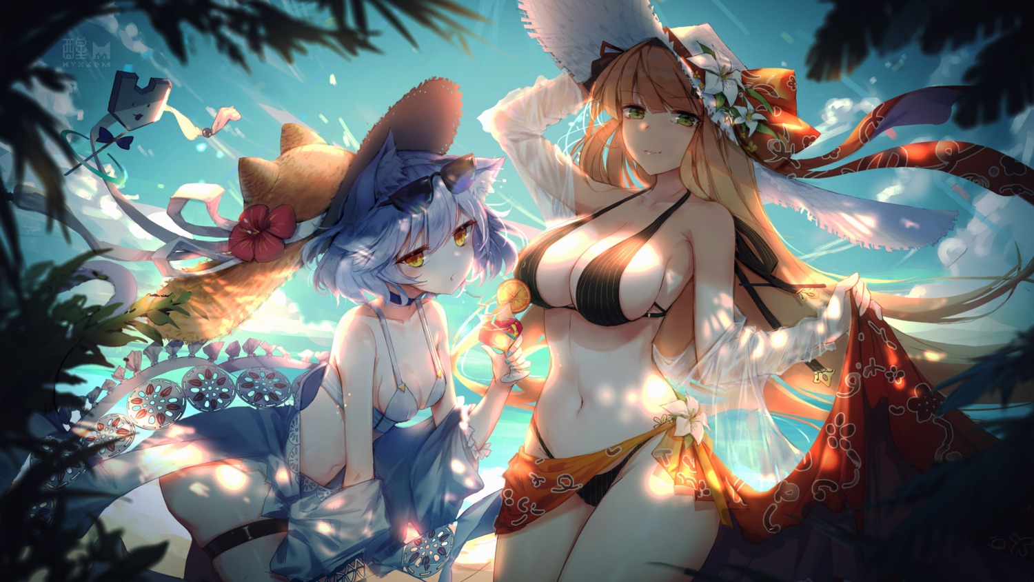 animal_ears bikini cleavage final_gear garter megane open_shirt see_through skirt_lift swimsuits tail xing