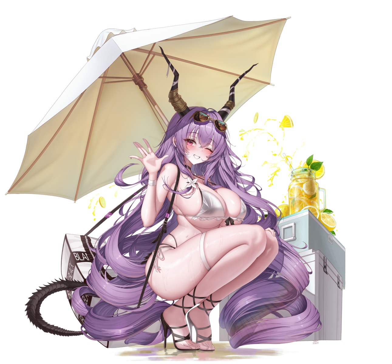 arknights bikini garter heels horns lilac_(k32420276) megane see_through swimsuits tail typhon_(arknights) umbrella wet