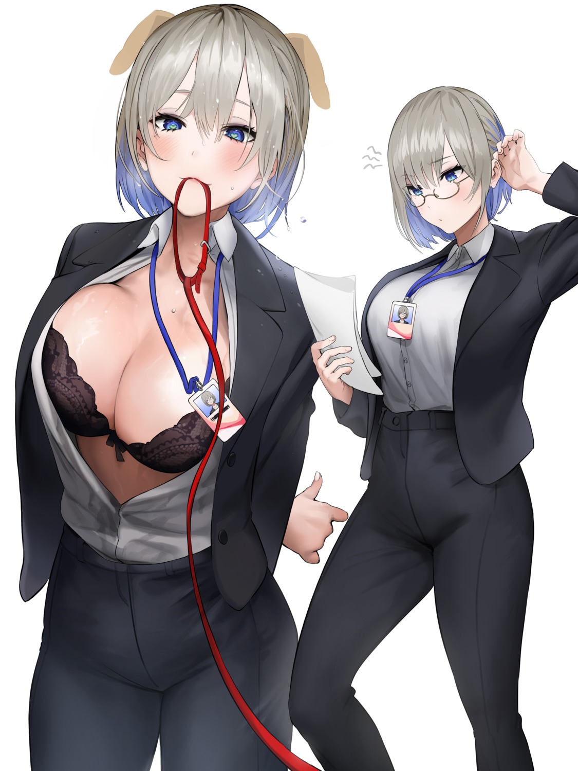 animal_ears bra business_suit inumimi megane open_shirt uthy