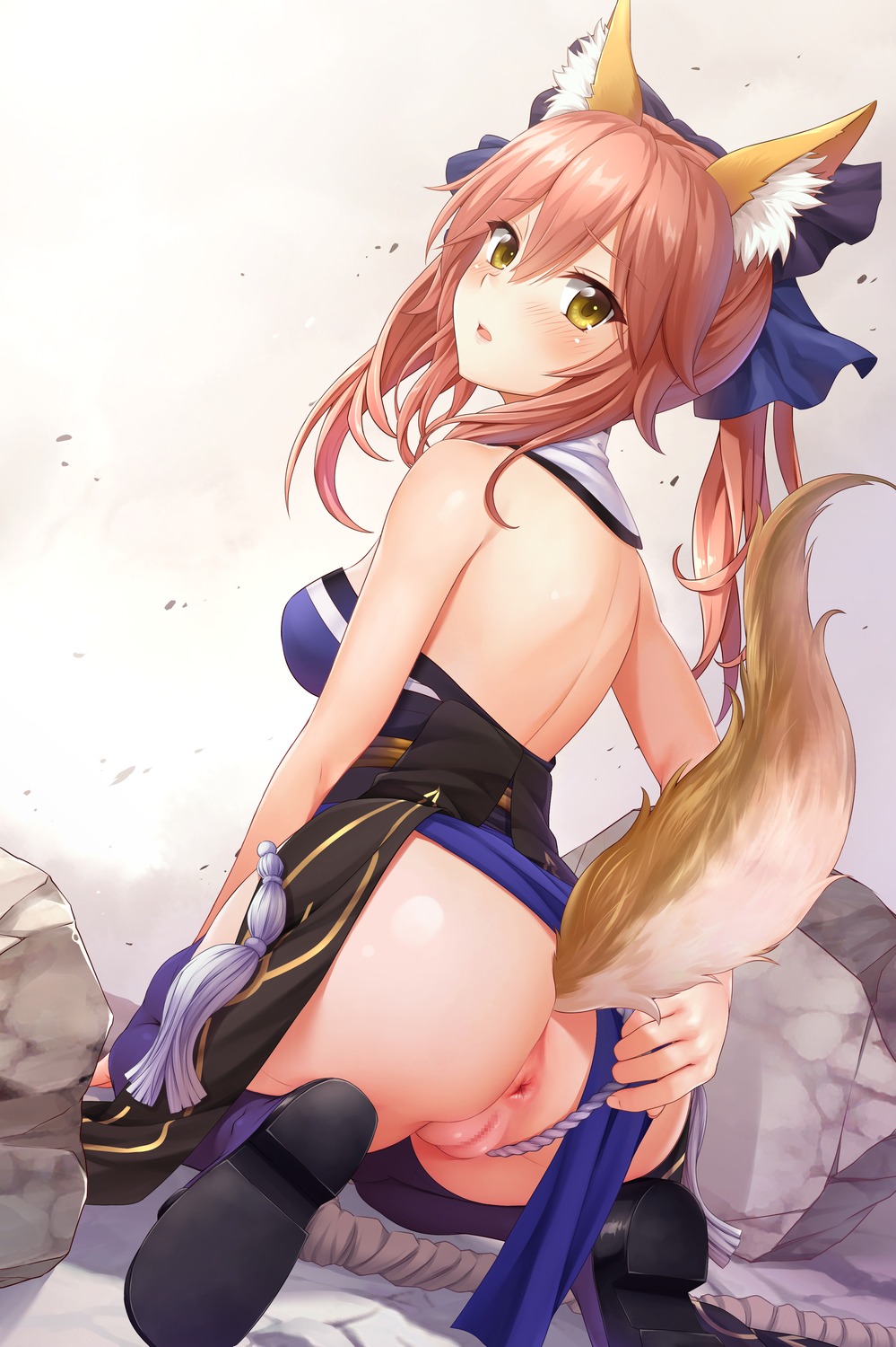 animal_ears anus ass censored denhijou_niki fate/grand_order fundoshi japanese_clothes kitsune no_bra pussy skirt_lift tail tamamo_no_mae thighhighs thong