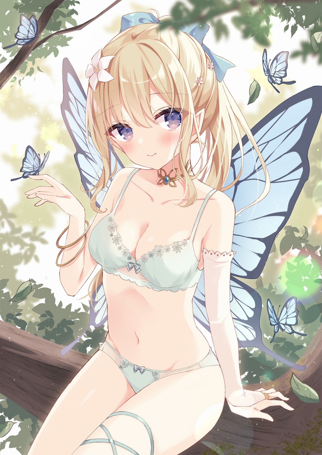 bra cleavage detexted fairy garter hoshi lingerie melonbooks pantsu pointy_ears wings