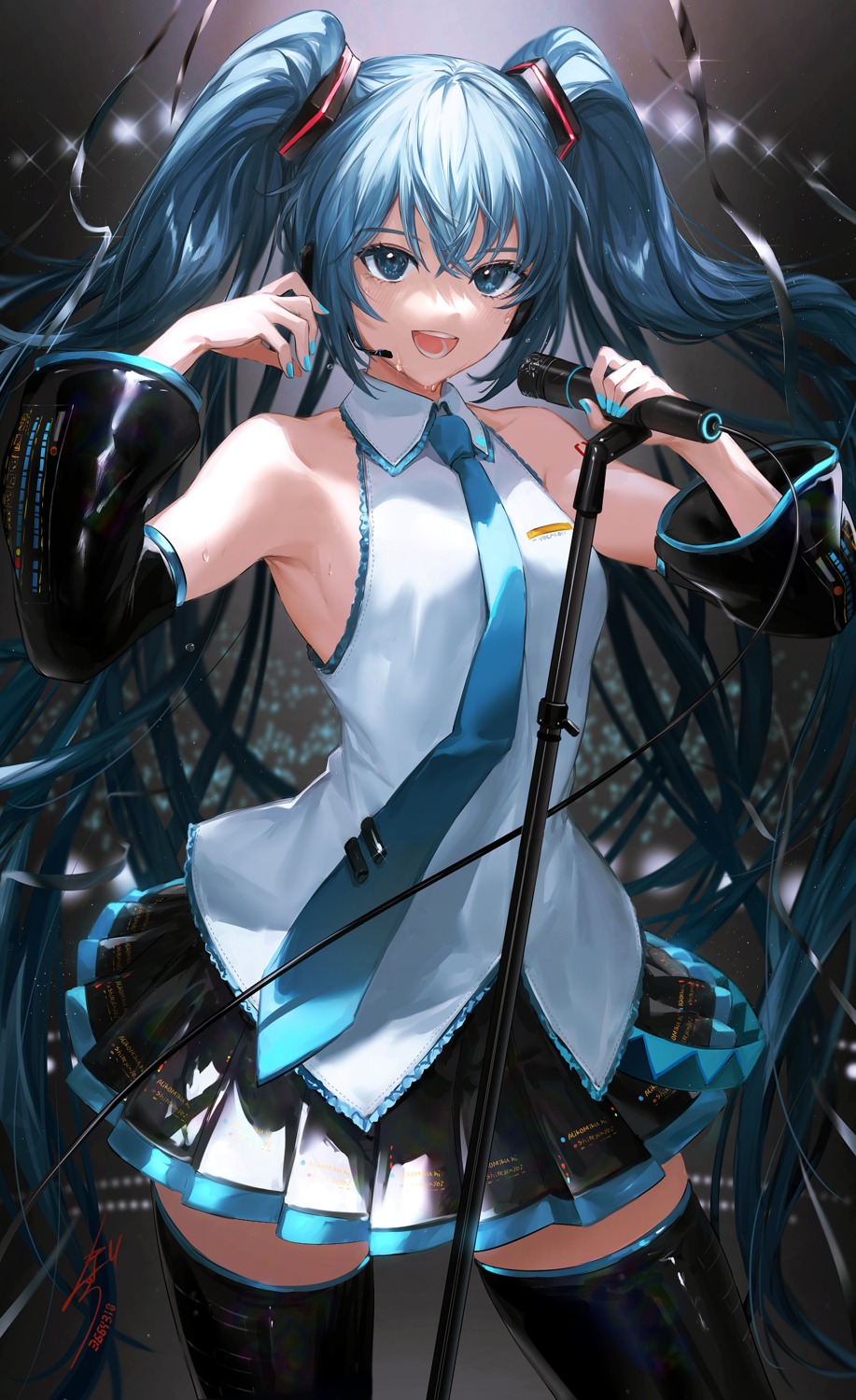 hatsune_miku headphones hoojiro tattoo thighhighs vocaloid